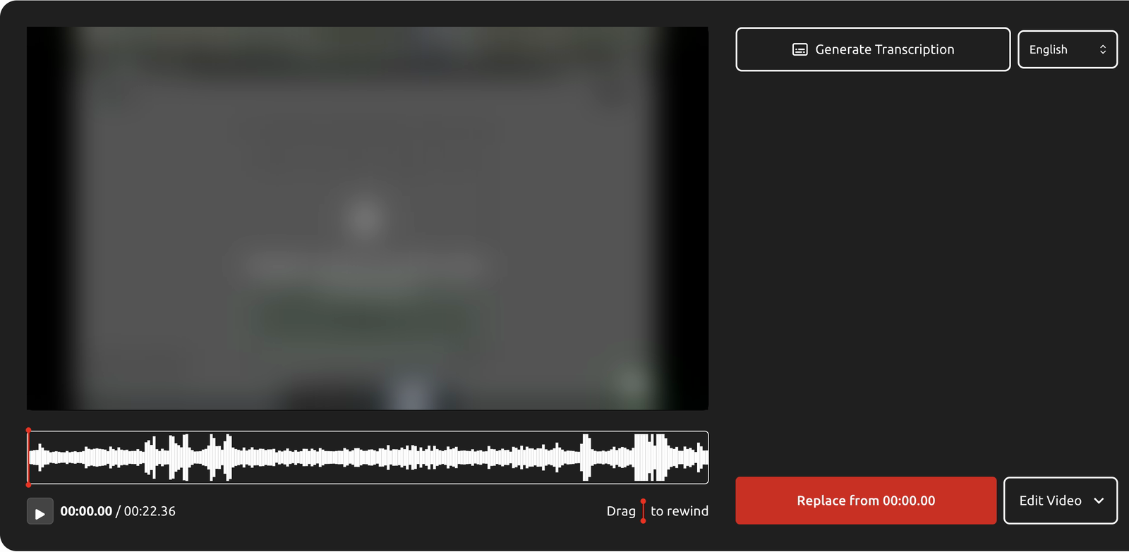 A paused Vento recording: drag the red cursor along the timeline to rewind, then select Replace from to record over the rest