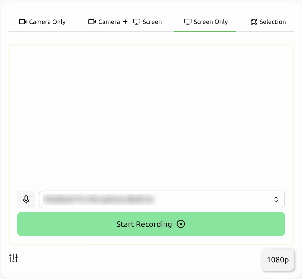 Vento's recording modes — Camera Only, Camera + Screen, Screen Only and Selection — with the microphone dropdown and Start Recording button