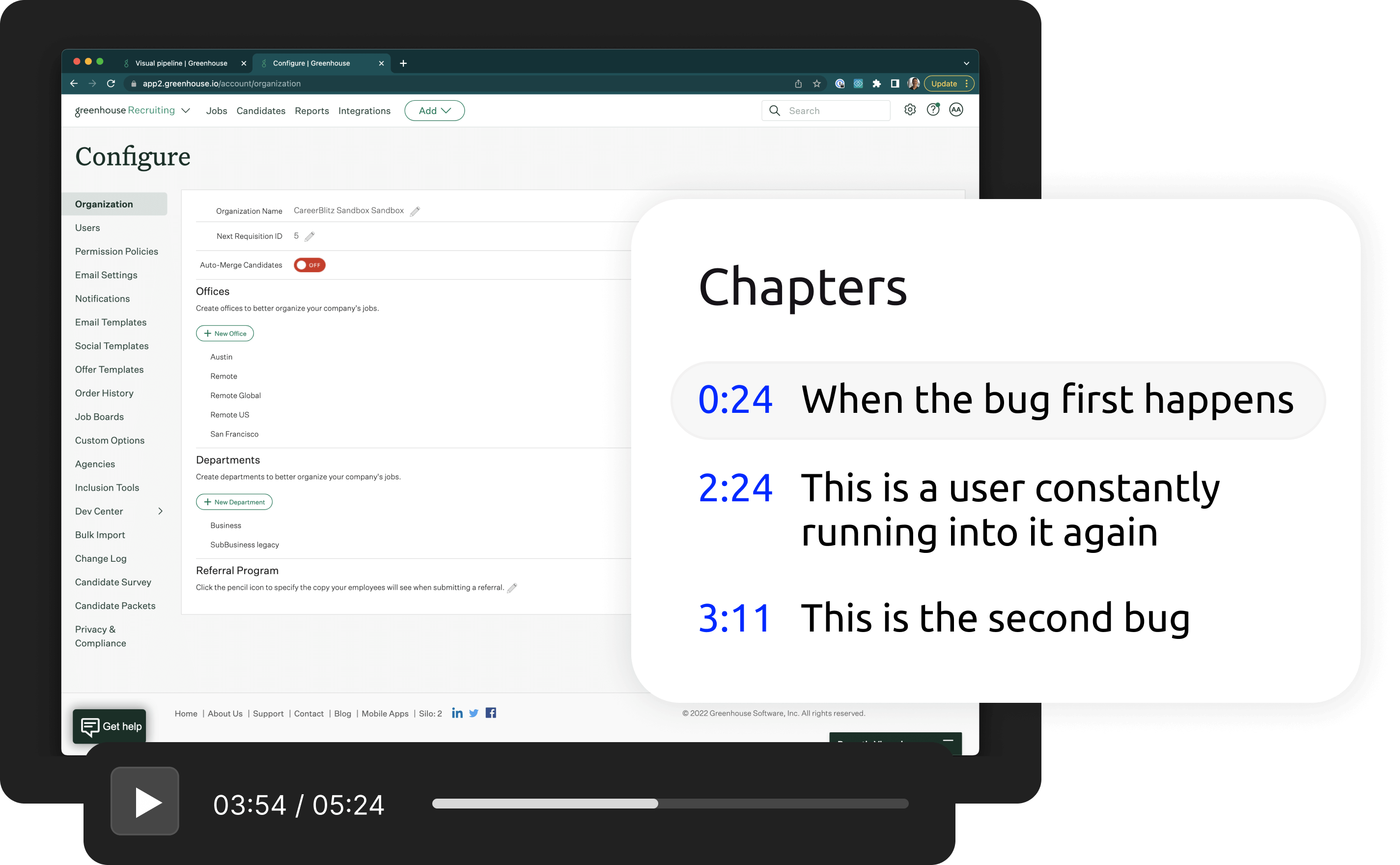 video editor showing chapter headings after recording screen using extension on Chromebook